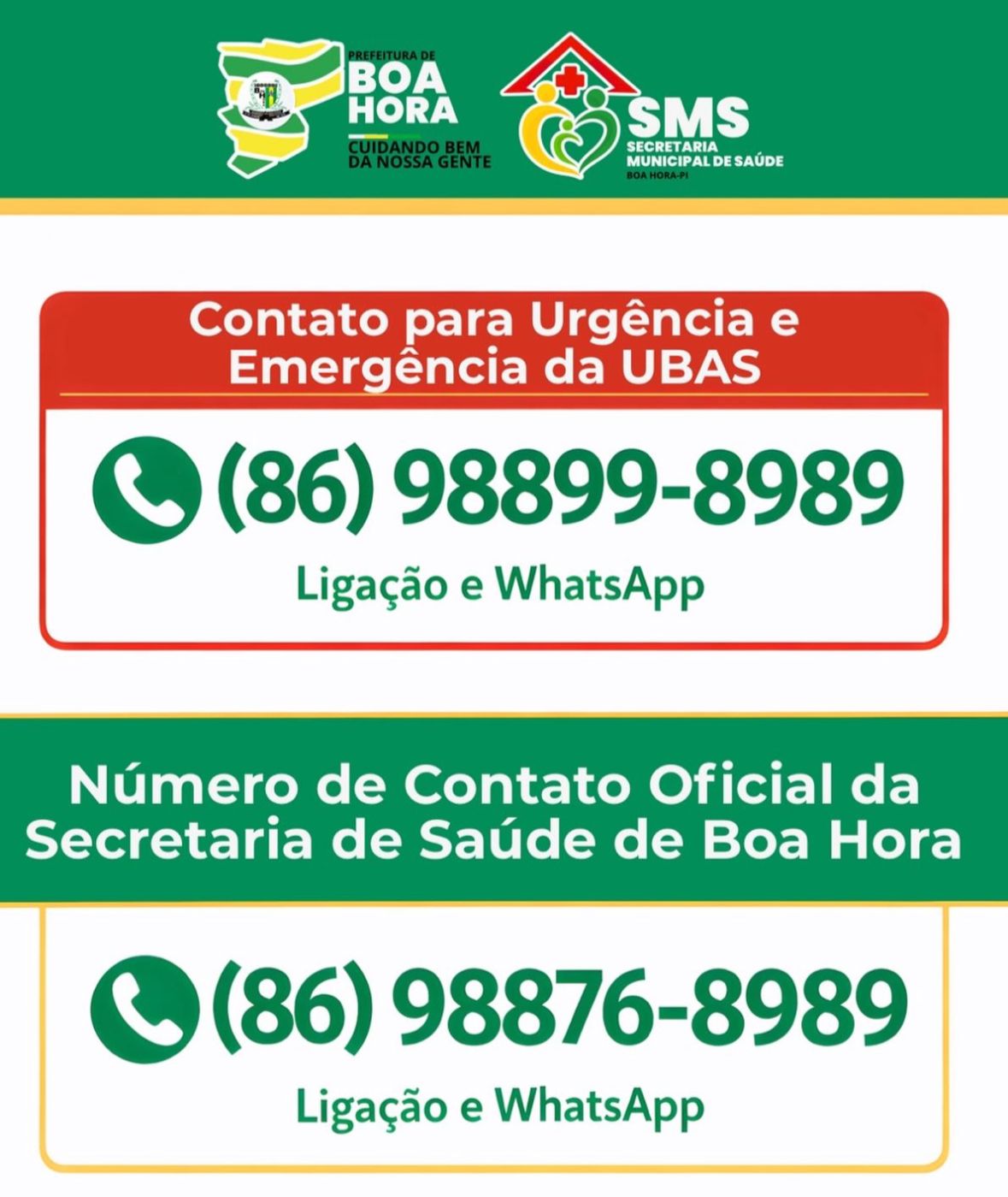 Em momentos de emergência, cada segundo conta. Por isso, a Secretaria Municipal de Saúde de Boa Hora disponibiliza linhas diretas via ligação e WhatsApp para agilizar o seu atendimento.
